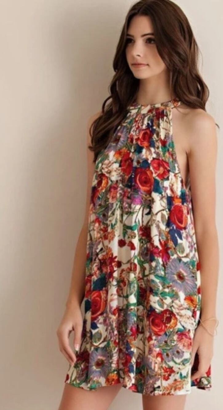 Trend Shop Floral High Neck Halter Trapeze Mini Dress Women's Size M